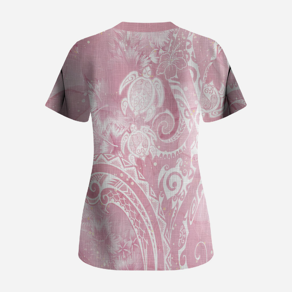 Aloha Hawaii Turtles Floral Scrub Top Pink Marbles Glaze LT7 - Polynesian Pride