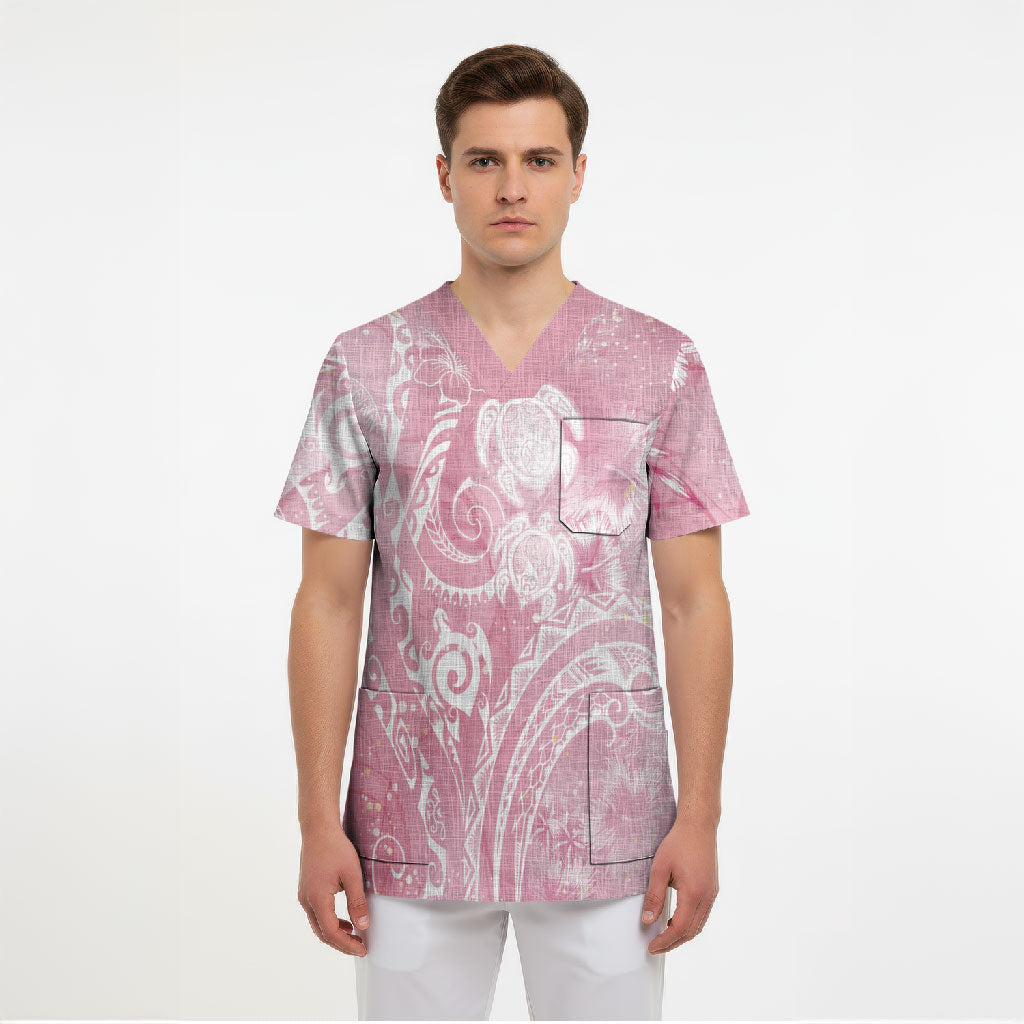 Aloha Hawaii Turtles Floral Scrub Top Pink Marbles Glaze LT7 - Polynesian Pride
