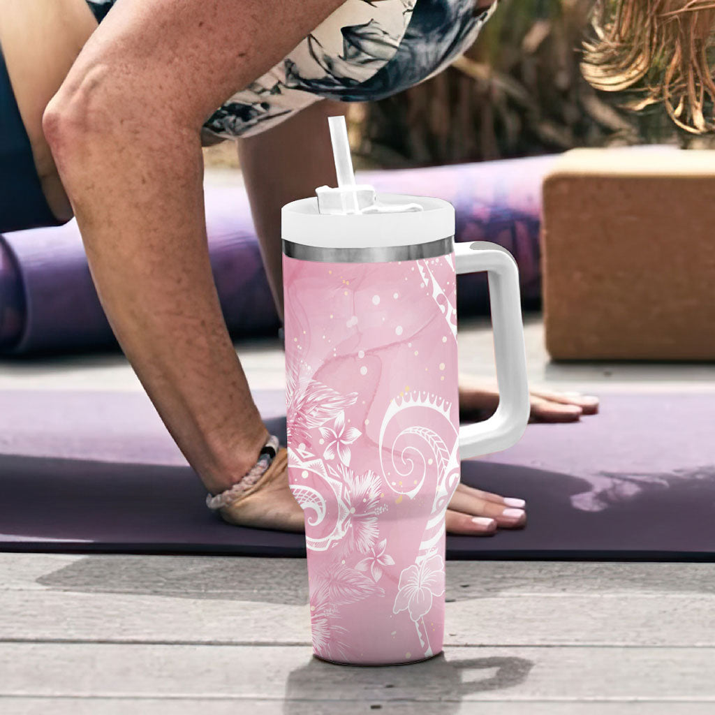 Aloha Hawaii Turtles Floral Tumbler With Handle Pink Marbles Glaze LT7 - Polynesian Pride