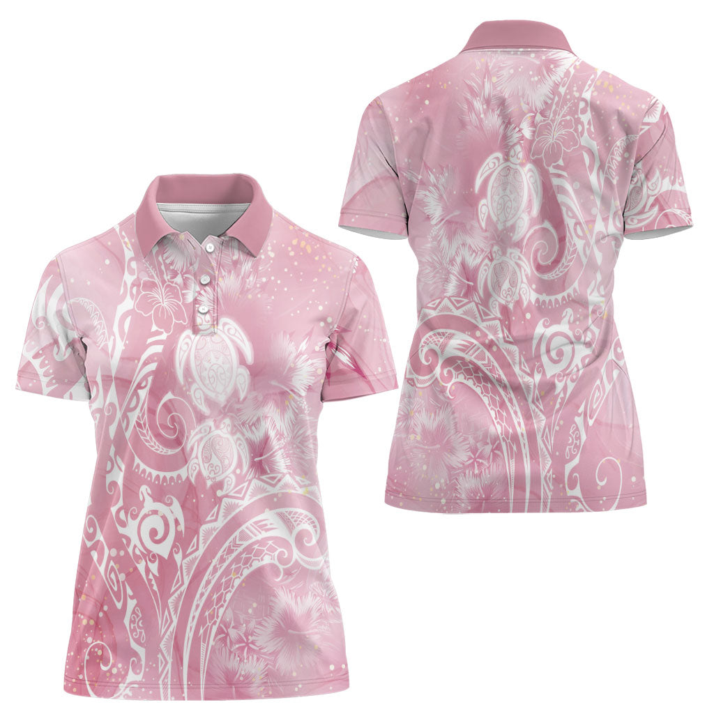 Aloha Hawaii Turtles Floral Women Polo Shirt Pink Marbles Glaze LT7 - Polynesian Pride
