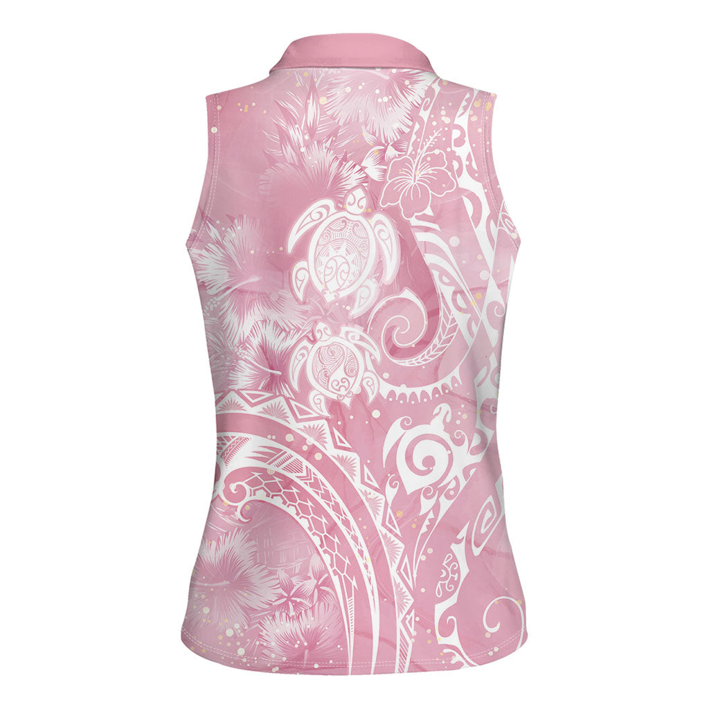 Aloha Hawaii Turtles Floral Women Sleeveless Polo Shirt Pink Marbles Glaze LT7 - Polynesian Pride