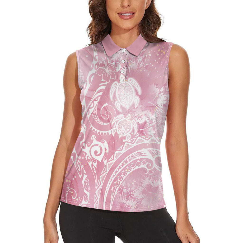 Aloha Hawaii Turtles Floral Women Sleeveless Polo Shirt Pink Marbles Glaze LT7 - Polynesian Pride