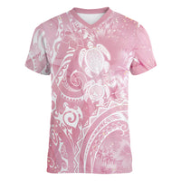 Aloha Hawaii Turtles Floral Women V-Neck T-Shirt Pink Marbles Glaze LT7 Female Pink - Polynesian Pride
