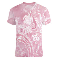 Aloha Hawaii Turtles Floral Women V-Neck T-Shirt Pink Marbles Glaze LT7 - Polynesian Pride