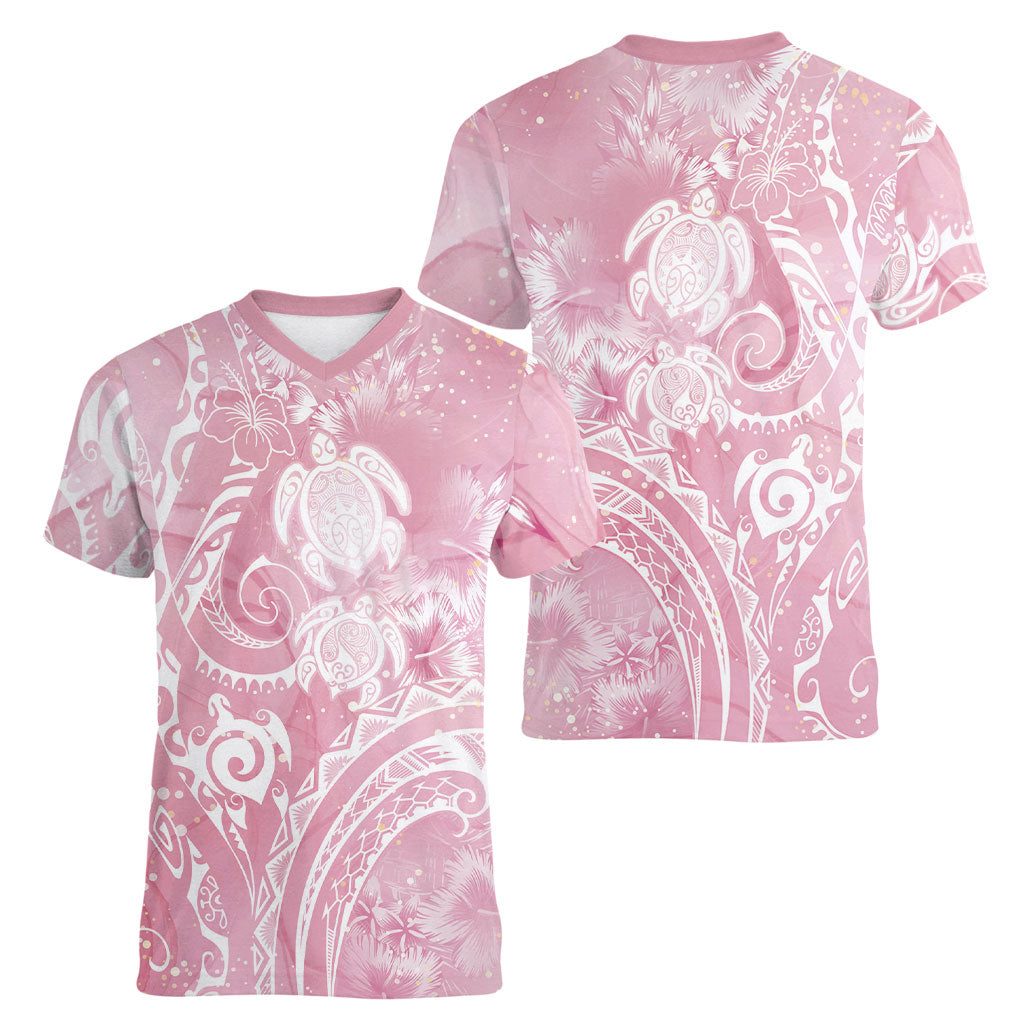 Aloha Hawaii Turtles Floral Women V-Neck T-Shirt Pink Marbles Glaze LT7 - Polynesian Pride