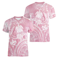 Aloha Hawaii Turtles Floral Women V-Neck T-Shirt Pink Marbles Glaze LT7 - Polynesian Pride