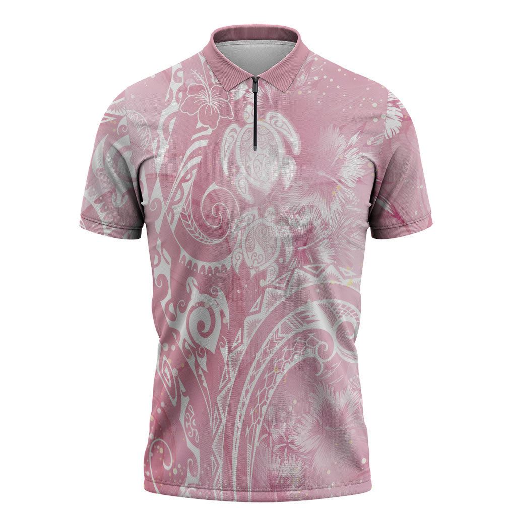 Aloha Hawaii Turtles Floral Zipper Polo Shirt Pink Marbles Glaze LT7 Pink - Polynesian Pride