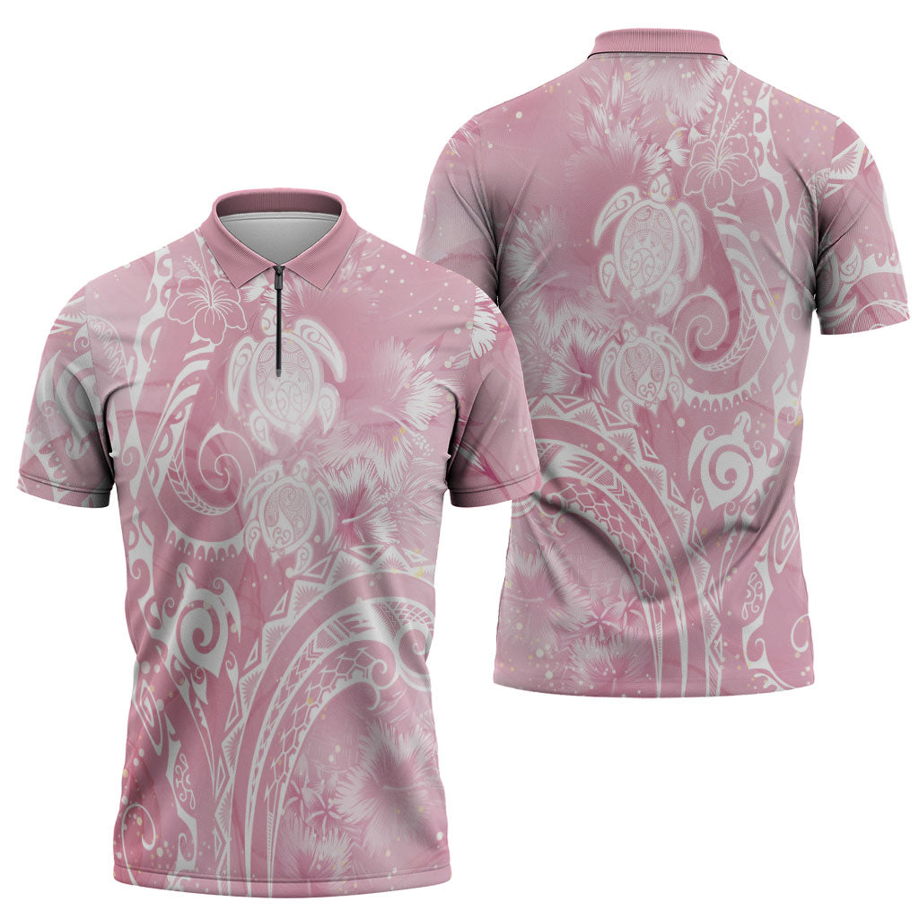 Aloha Hawaii Turtles Floral Zipper Polo Shirt Pink Marbles Glaze LT7 - Polynesian Pride