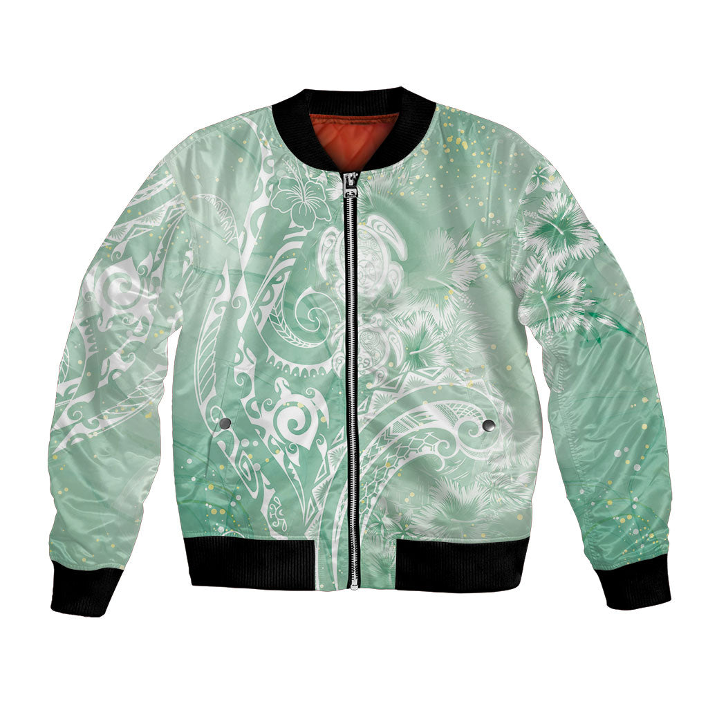 Aloha Hawaii Turtles Floral Bomber Jacket Seafoam Marbles Glaze LT7 Unisex Seafoam - Polynesian Pride