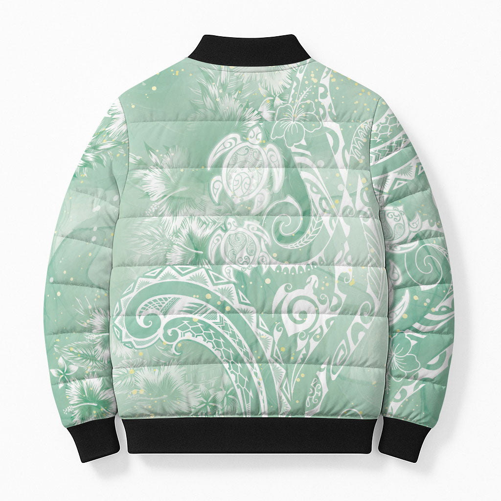 Aloha Hawaii Turtles Floral Bomber Puffer Jacket Seafoam Marbles Glaze LT7 - Polynesian Pride