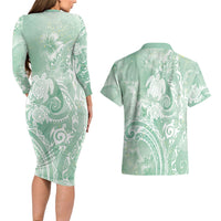 Aloha Hawaii Turtles Floral Couples Matching Long Sleeve Bodycon Dress and Hawaiian Shirt Seafoam Marbles Glaze LT7 - Polynesian Pride