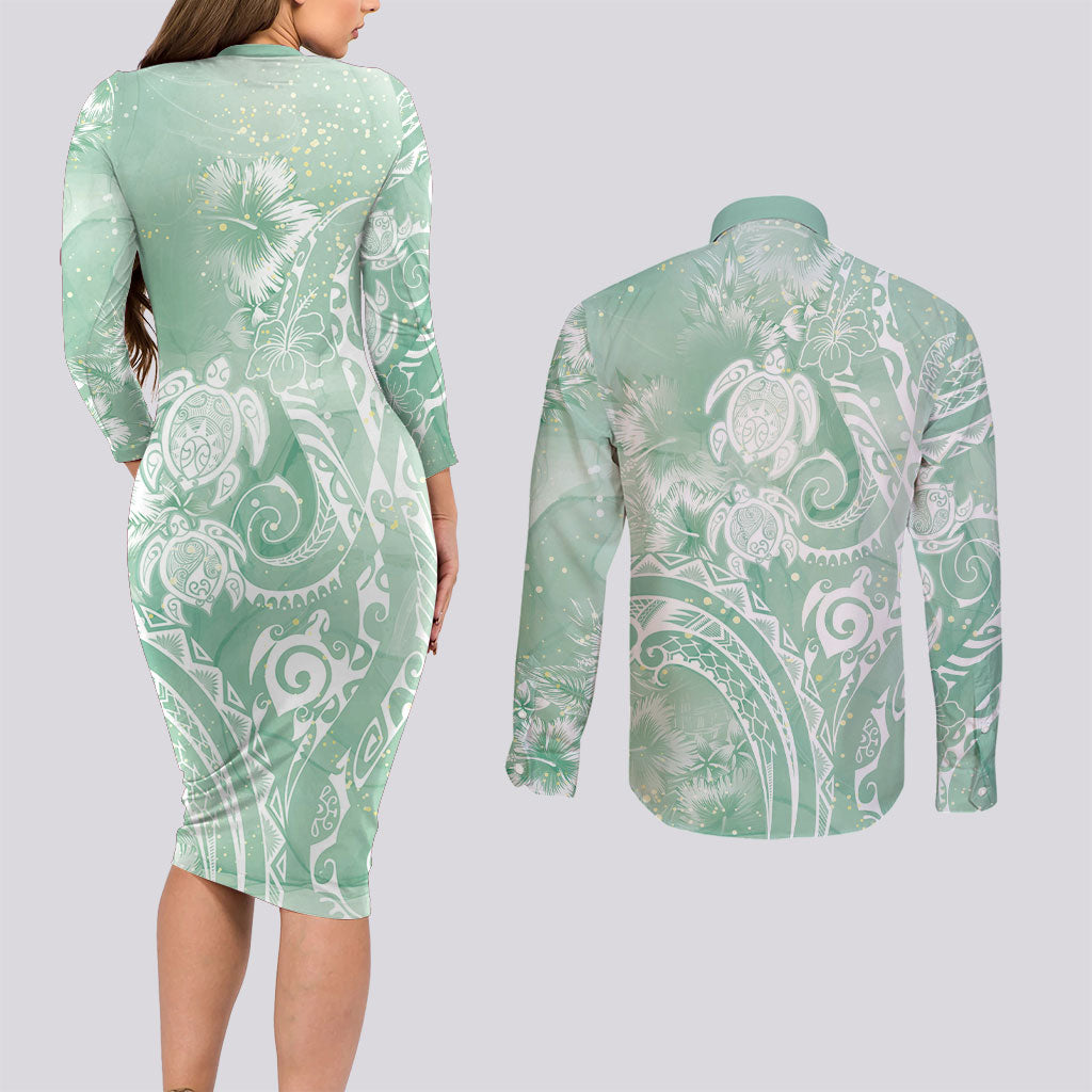 Aloha Hawaii Turtles Floral Couples Matching Long Sleeve Bodycon Dress and Long Sleeve Button Shirt Seafoam Marbles Glaze LT7 - Polynesian Pride