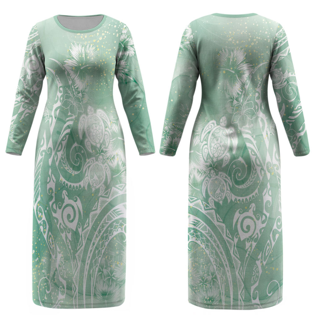 Aloha Hawaii Turtles Floral Couples Matching Long Sleeve Bodycon Dress and Long Sleeve Button Shirt Seafoam Marbles Glaze LT7 - Polynesian Pride