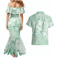 Aloha Hawaii Turtles Floral Couples Matching Mermaid Dress and Hawaiian Shirt Seafoam Marbles Glaze LT7 - Polynesian Pride