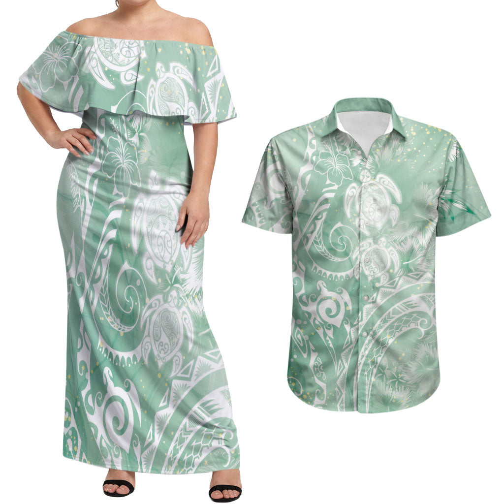 Aloha Hawaii Turtles Floral Couples Matching Off Shoulder Maxi Dress and Hawaiian Shirt Seafoam Marbles Glaze LT7 Seafoam - Polynesian Pride