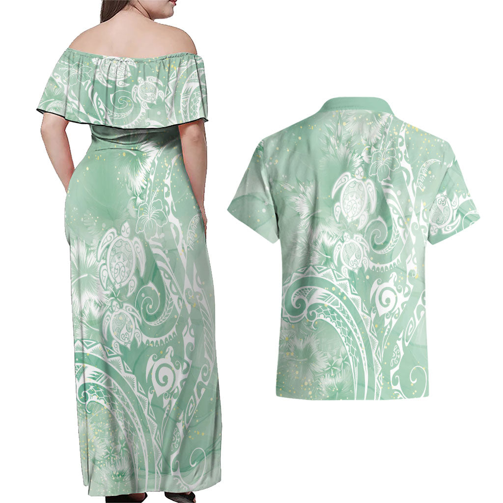 Aloha Hawaii Turtles Floral Couples Matching Off Shoulder Maxi Dress and Hawaiian Shirt Seafoam Marbles Glaze LT7 - Polynesian Pride
