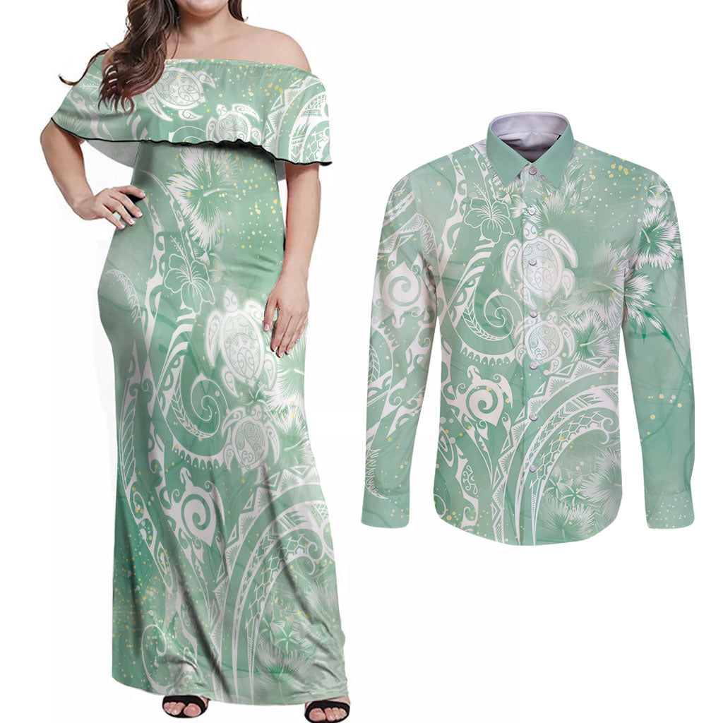 Aloha Hawaii Turtles Floral Couples Matching Off Shoulder Maxi Dress and Long Sleeve Button Shirt Seafoam Marbles Glaze LT7 Seafoam - Polynesian Pride