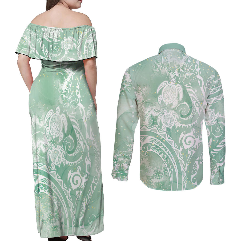 Aloha Hawaii Turtles Floral Couples Matching Off Shoulder Maxi Dress and Long Sleeve Button Shirt Seafoam Marbles Glaze LT7 - Polynesian Pride