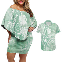 Aloha Hawaii Turtles Floral Couples Matching Off Shoulder Short Dress and Hawaiian Shirt Seafoam Marbles Glaze LT7 Seafoam - Polynesian Pride