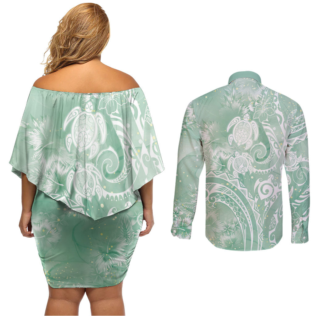 Aloha Hawaii Turtles Floral Couples Matching Off Shoulder Short Dress and Long Sleeve Button Shirt Seafoam Marbles Glaze LT7 - Polynesian Pride