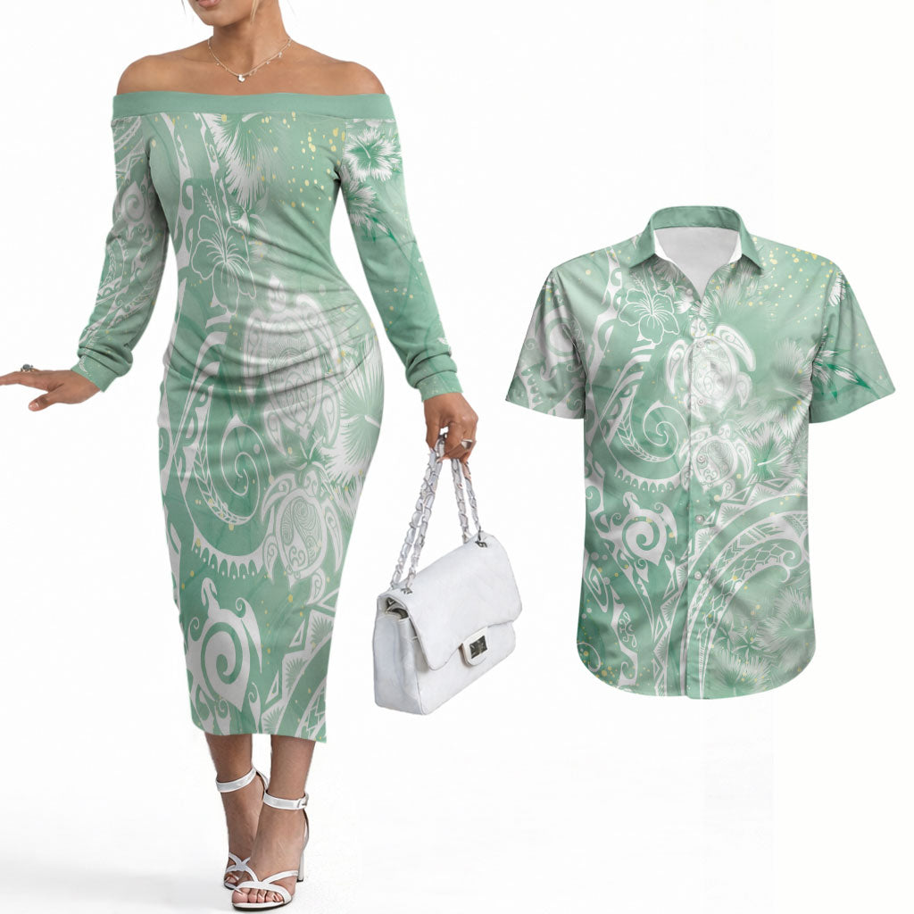 Aloha Hawaii Turtles Floral Couples Matching Off The Shoulder Long Sleeve Dress and Hawaiian Shirt Seafoam Marbles Glaze LT7 Seafoam - Polynesian Pride