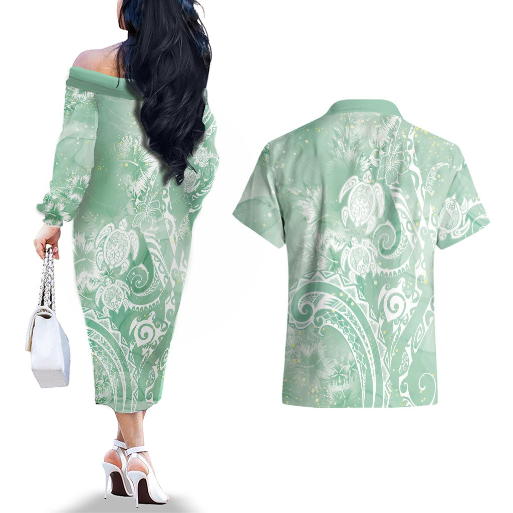 Aloha Hawaii Turtles Floral Couples Matching Off The Shoulder Long Sleeve Dress and Hawaiian Shirt Seafoam Marbles Glaze LT7 - Polynesian Pride