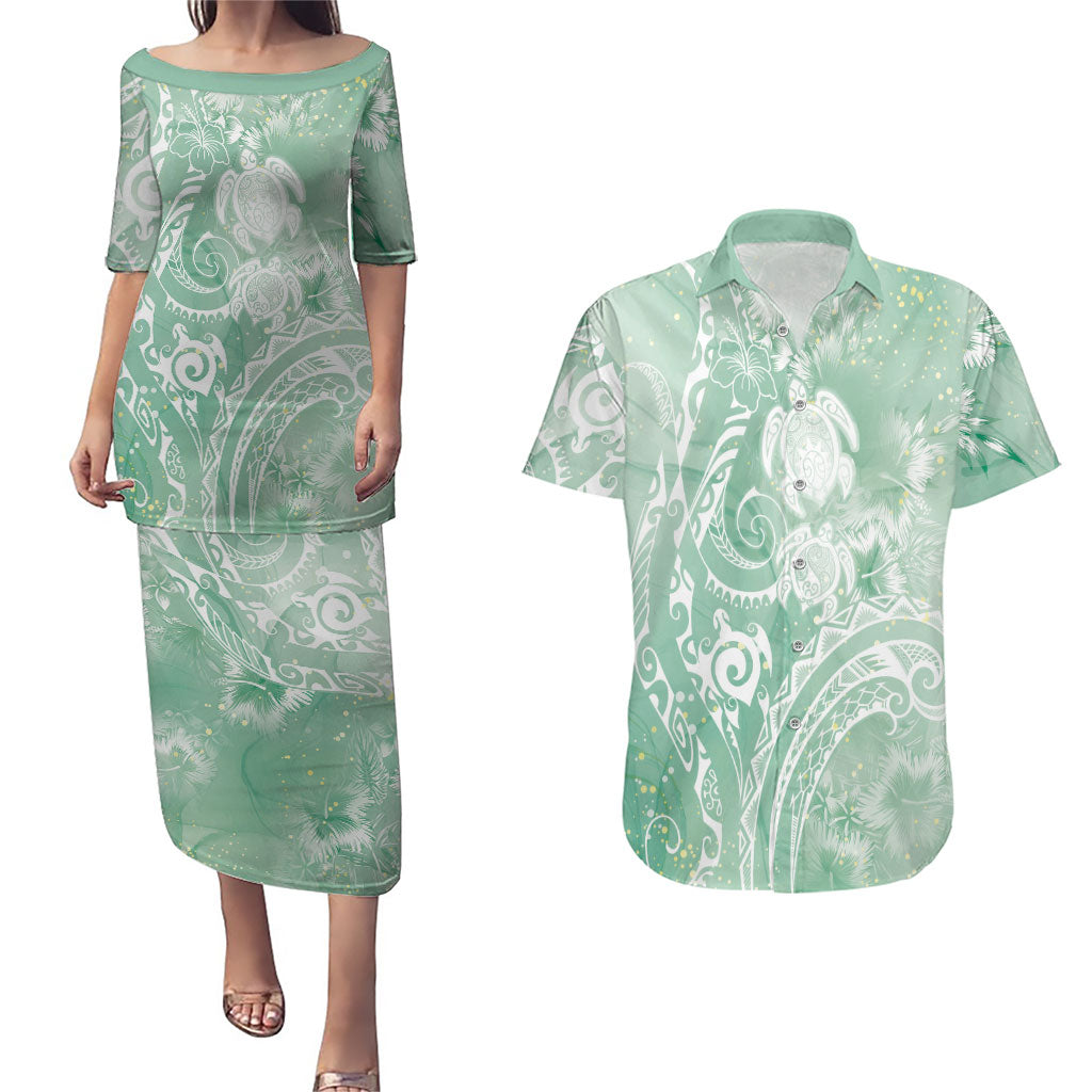 Aloha Hawaii Turtles Floral Couples Matching Puletasi and Hawaiian Shirt Seafoam Marbles Glaze LT7 Seafoam - Polynesian Pride