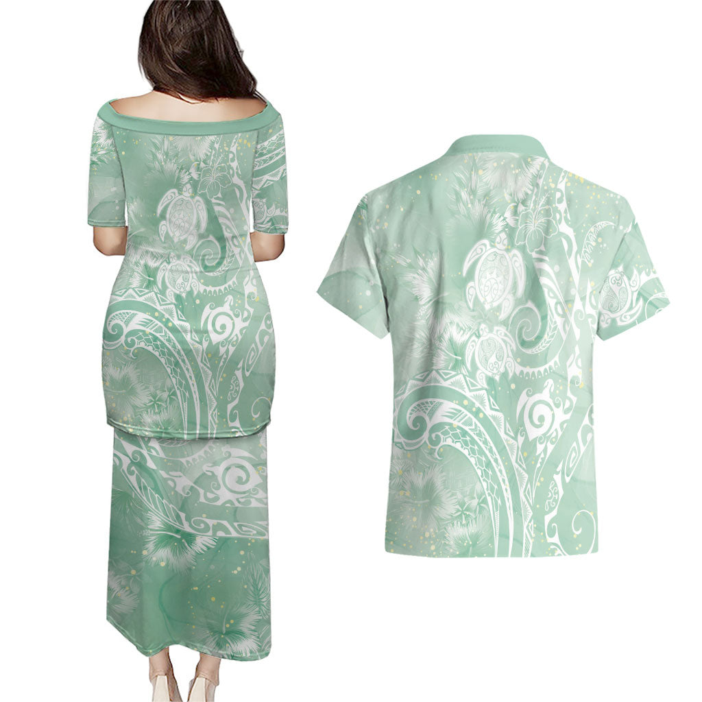 Aloha Hawaii Turtles Floral Couples Matching Puletasi and Hawaiian Shirt Seafoam Marbles Glaze LT7 - Polynesian Pride