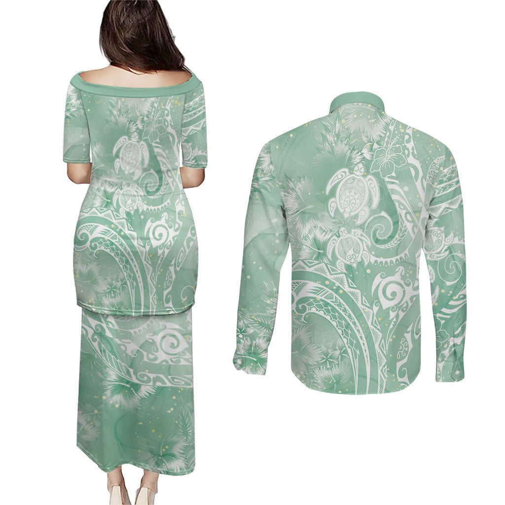 Aloha Hawaii Turtles Floral Couples Matching Puletasi and Long Sleeve Button Shirt Seafoam Marbles Glaze LT7 - Polynesian Pride