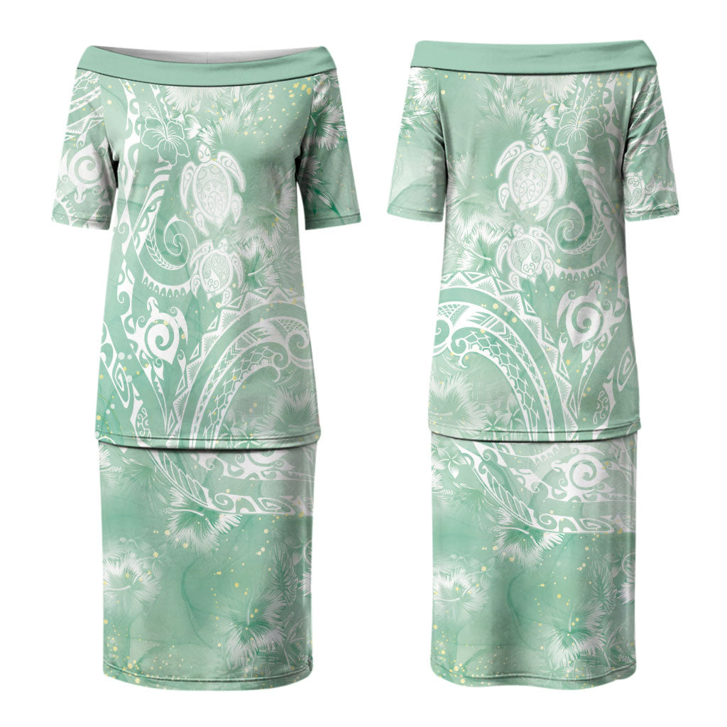 Aloha Hawaii Turtles Floral Couples Matching Puletasi and Long Sleeve Button Shirt Seafoam Marbles Glaze LT7 - Polynesian Pride
