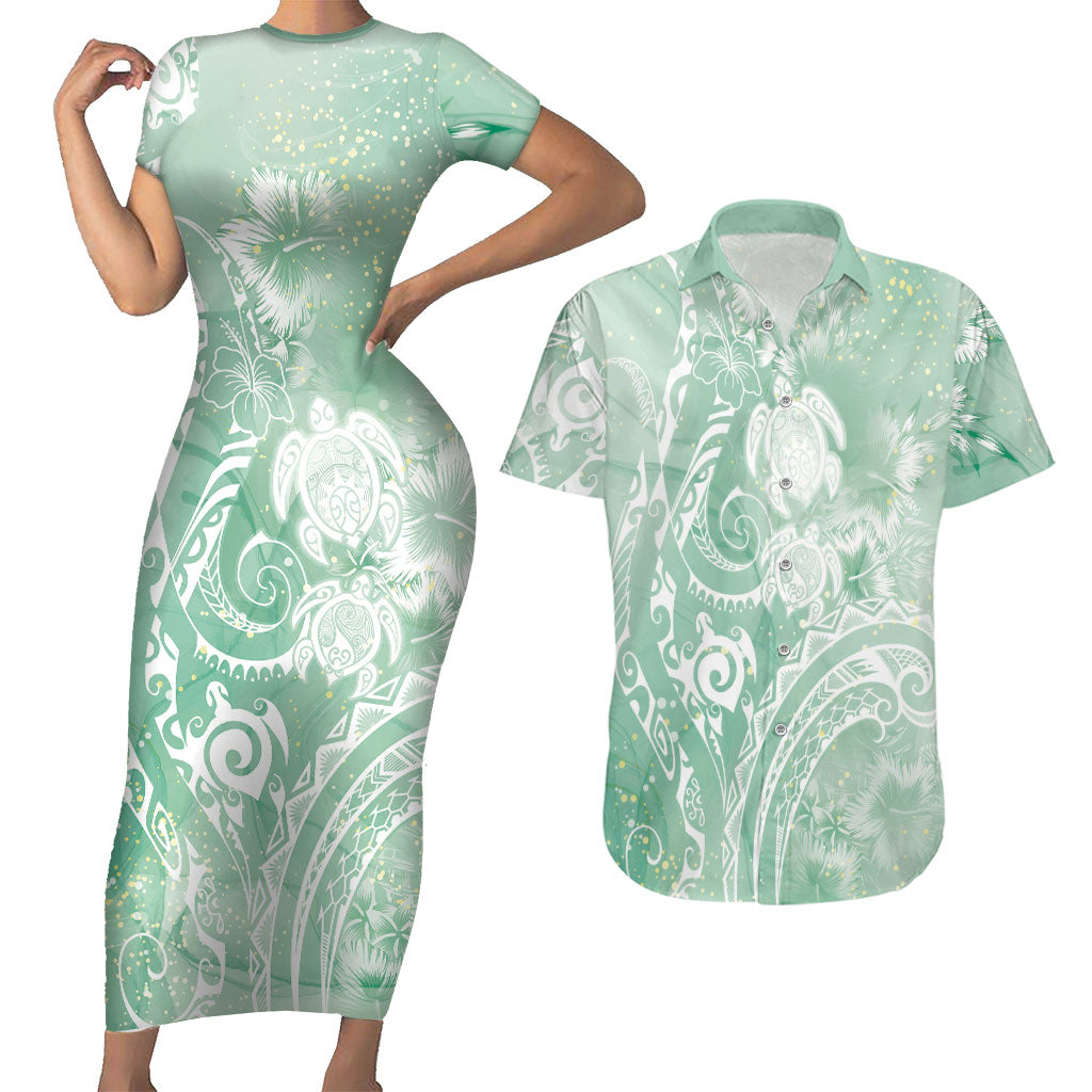 Aloha Hawaii Turtles Floral Couples Matching Short Sleeve Bodycon Dress and Hawaiian Shirt Seafoam Marbles Glaze LT7 Seafoam - Polynesian Pride