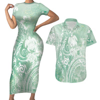 Aloha Hawaii Turtles Floral Couples Matching Short Sleeve Bodycon Dress and Hawaiian Shirt Seafoam Marbles Glaze LT7 Seafoam - Polynesian Pride