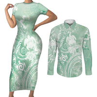 Aloha Hawaii Turtles Floral Couples Matching Short Sleeve Bodycon Dress and Long Sleeve Button Shirt Seafoam Marbles Glaze LT7 Seafoam - Polynesian Pride