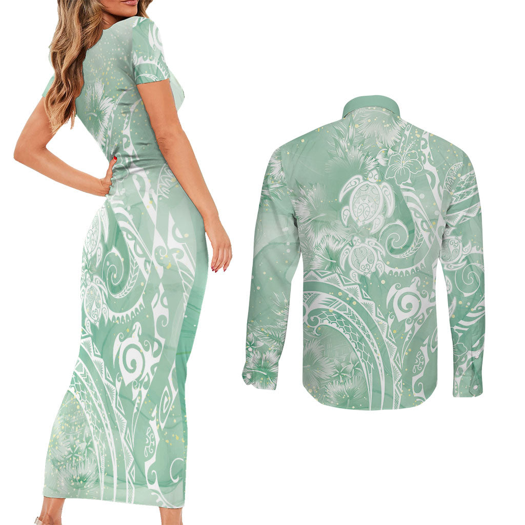 Aloha Hawaii Turtles Floral Couples Matching Short Sleeve Bodycon Dress and Long Sleeve Button Shirt Seafoam Marbles Glaze LT7 - Polynesian Pride