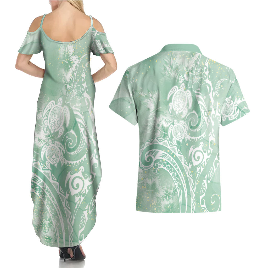 Aloha Hawaii Turtles Floral Couples Matching Summer Maxi Dress and Hawaiian Shirt Seafoam Marbles Glaze LT7 - Polynesian Pride