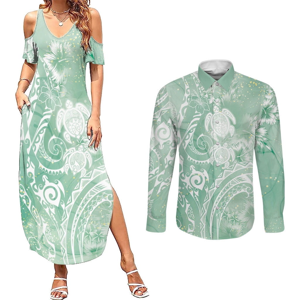 Aloha Hawaii Turtles Floral Couples Matching Summer Maxi Dress and Long Sleeve Button Shirt Seafoam Marbles Glaze LT7 Seafoam - Polynesian Pride