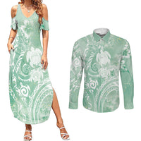 Aloha Hawaii Turtles Floral Couples Matching Summer Maxi Dress and Long Sleeve Button Shirt Seafoam Marbles Glaze LT7 Seafoam - Polynesian Pride