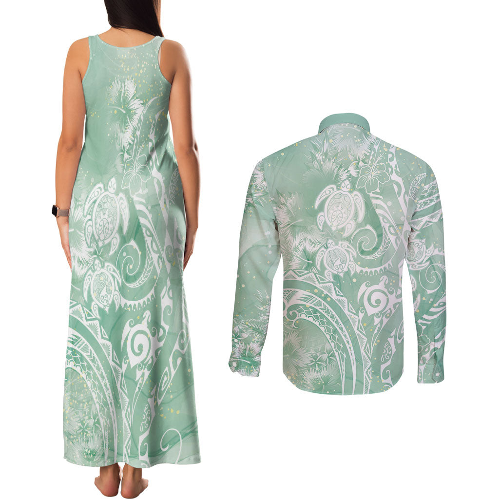 Aloha Hawaii Turtles Floral Couples Matching Tank Maxi Dress and Long Sleeve Button Shirt Seafoam Marbles Glaze LT7 - Polynesian Pride