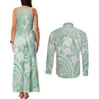 Aloha Hawaii Turtles Floral Couples Matching Tank Maxi Dress and Long Sleeve Button Shirt Seafoam Marbles Glaze LT7 - Polynesian Pride