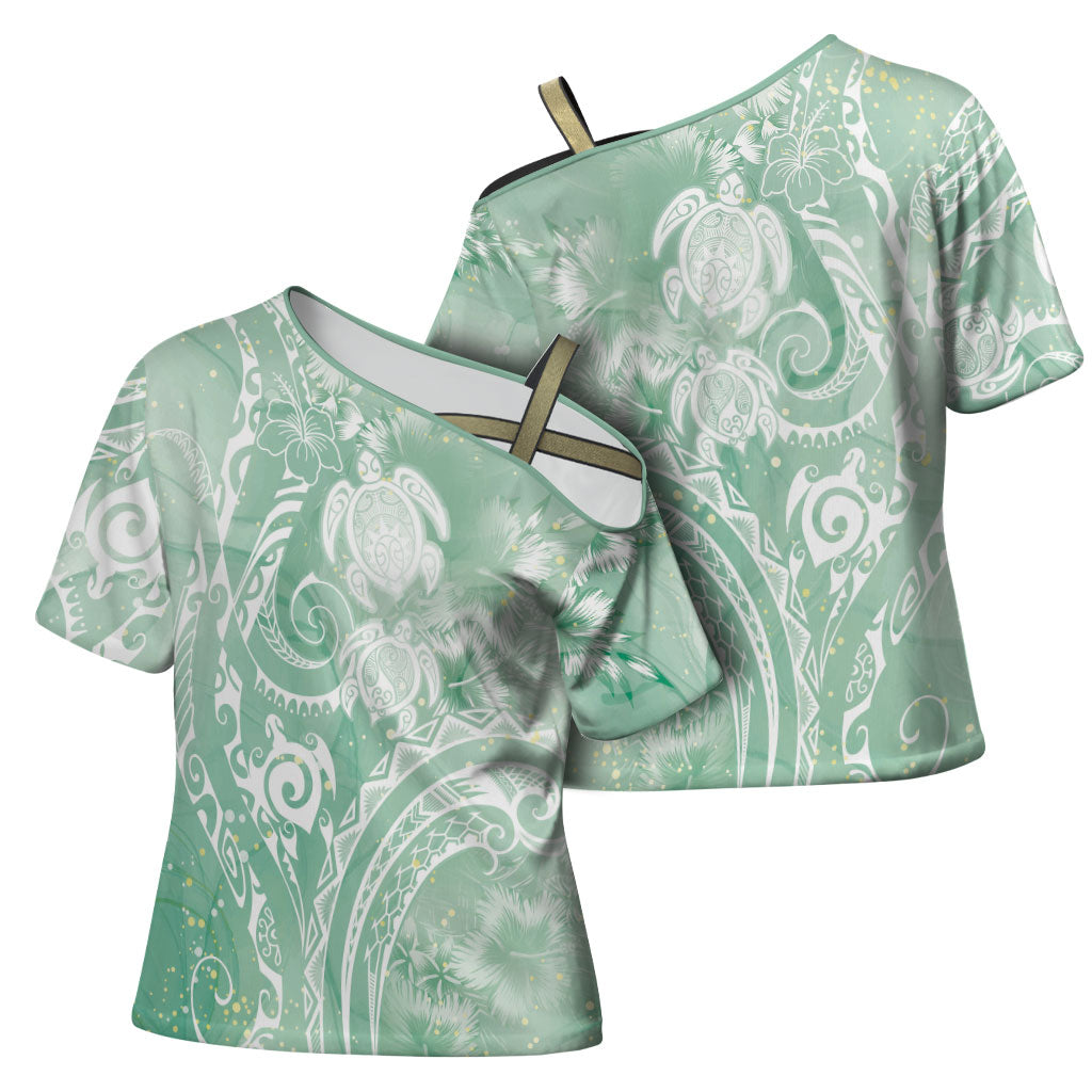 Aloha Hawaii Turtles Floral Cross Shoulder Shirt Seafoam Marbles Glaze LT7 - Polynesian Pride