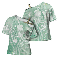 Aloha Hawaii Turtles Floral Cross Shoulder Shirt Seafoam Marbles Glaze LT7 - Polynesian Pride