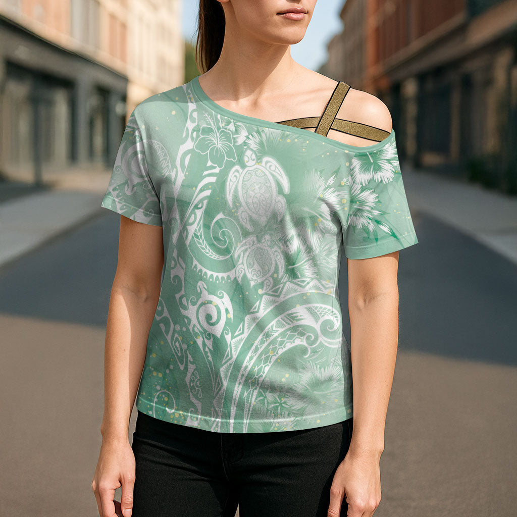 Aloha Hawaii Turtles Floral Cross Shoulder Shirt Seafoam Marbles Glaze LT7 - Polynesian Pride