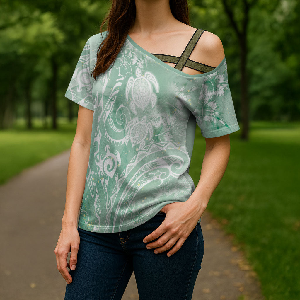 Aloha Hawaii Turtles Floral Cross Shoulder Shirt Seafoam Marbles Glaze LT7 - Polynesian Pride