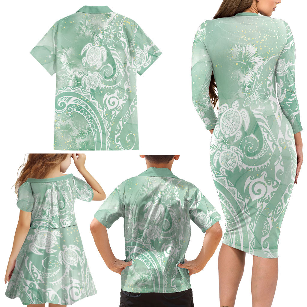 Aloha Hawaii Turtles Floral Family Matching Long Sleeve Bodycon Dress and Hawaiian Shirt Seafoam Marbles Glaze LT7 - Polynesian Pride