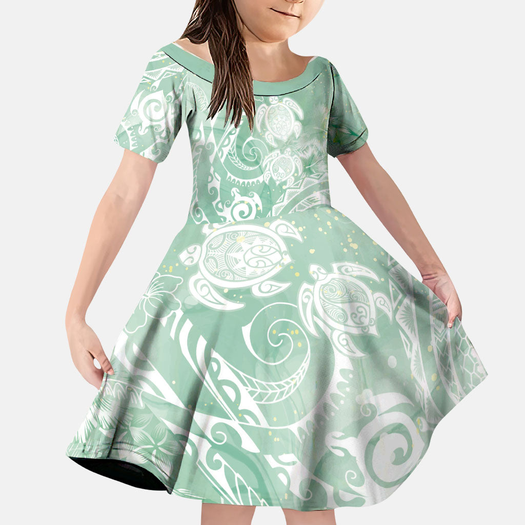 Aloha Hawaii Turtles Floral Family Matching Mermaid Dress and Hawaiian Shirt Seafoam Marbles Glaze LT7 Daughter's Dress Seafoam - Polynesian Pride