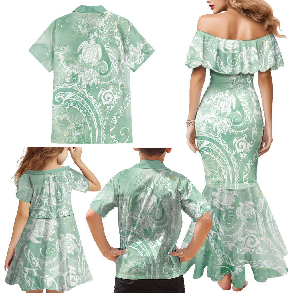 Aloha Hawaii Turtles Floral Family Matching Mermaid Dress and Hawaiian Shirt Seafoam Marbles Glaze LT7 - Polynesian Pride