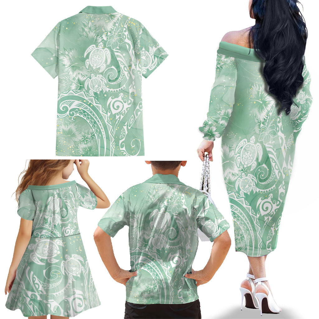Aloha Hawaii Turtles Floral Family Matching Off The Shoulder Long Sleeve Dress and Hawaiian Shirt Seafoam Marbles Glaze LT7 - Polynesian Pride