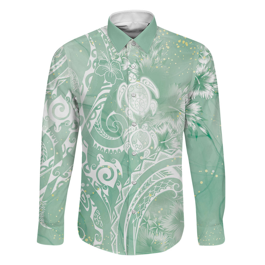 Aloha Hawaii Turtles Floral Family Matching Off The Shoulder Long Sleeve Dress and Hawaiian Shirt Seafoam Marbles Glaze LT7 Dad's Shirt - Long Sleeve Seafoam - Polynesian Pride