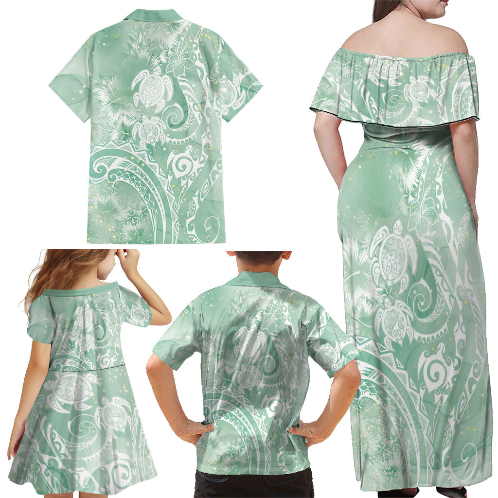 Aloha Hawaii Turtles Floral Family Matching Off Shoulder Maxi Dress and Hawaiian Shirt Seafoam Marbles Glaze LT7 - Polynesian Pride
