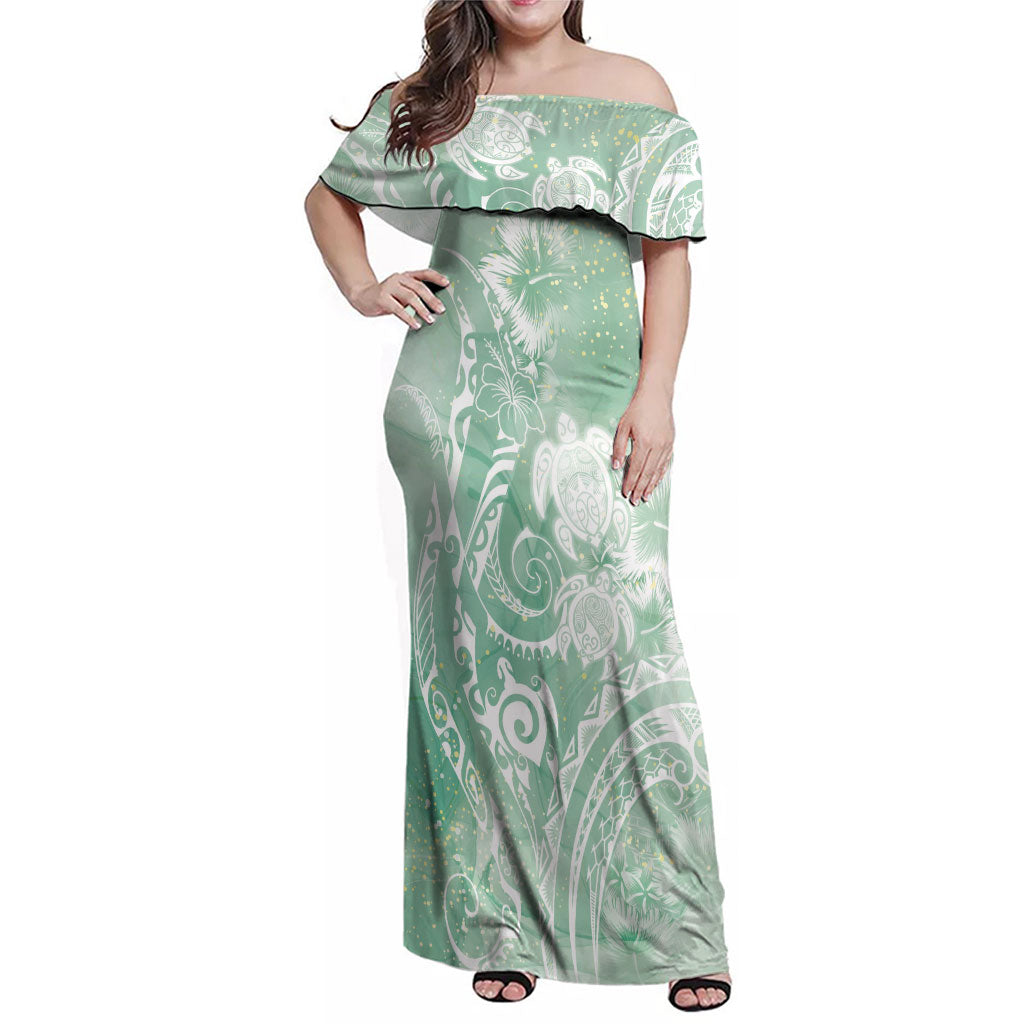 Aloha Hawaii Turtles Floral Family Matching Off Shoulder Maxi Dress and Hawaiian Shirt Seafoam Marbles Glaze LT7 Mom's Dress Seafoam - Polynesian Pride